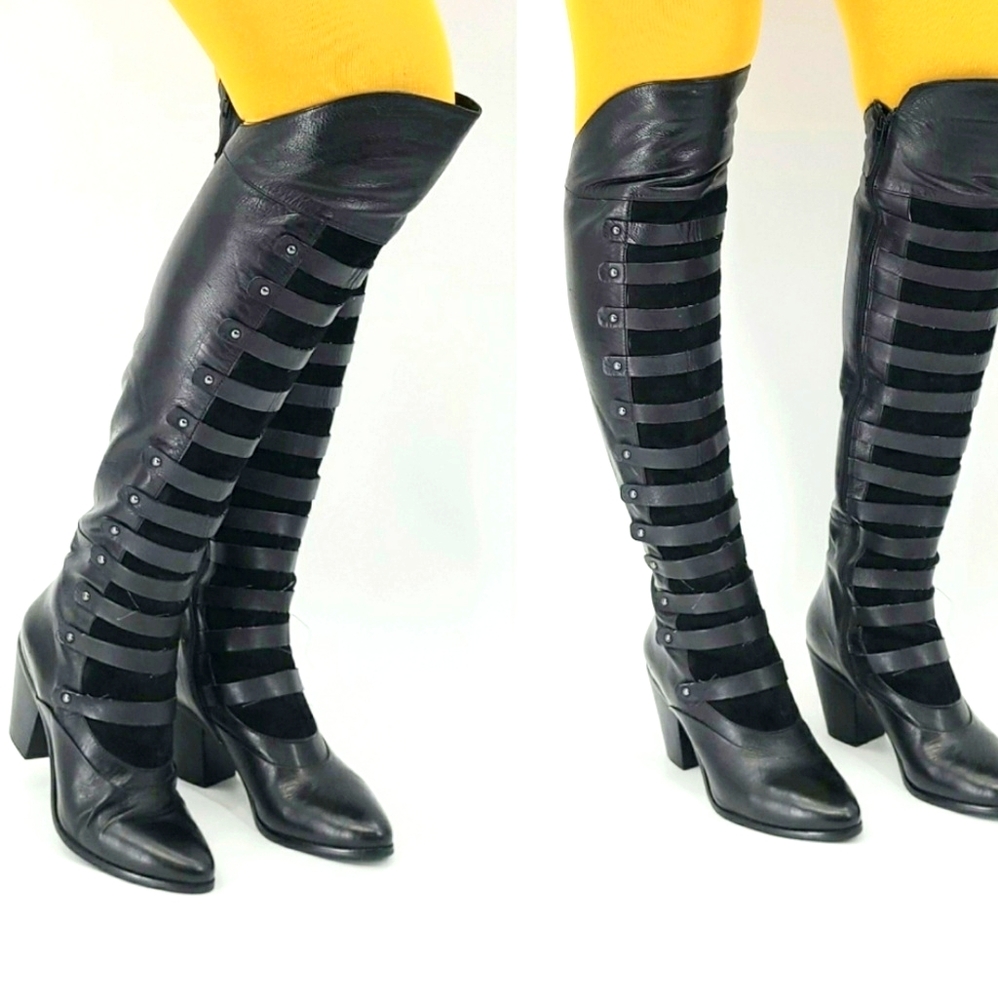 Black Strappy Knee-High Boots